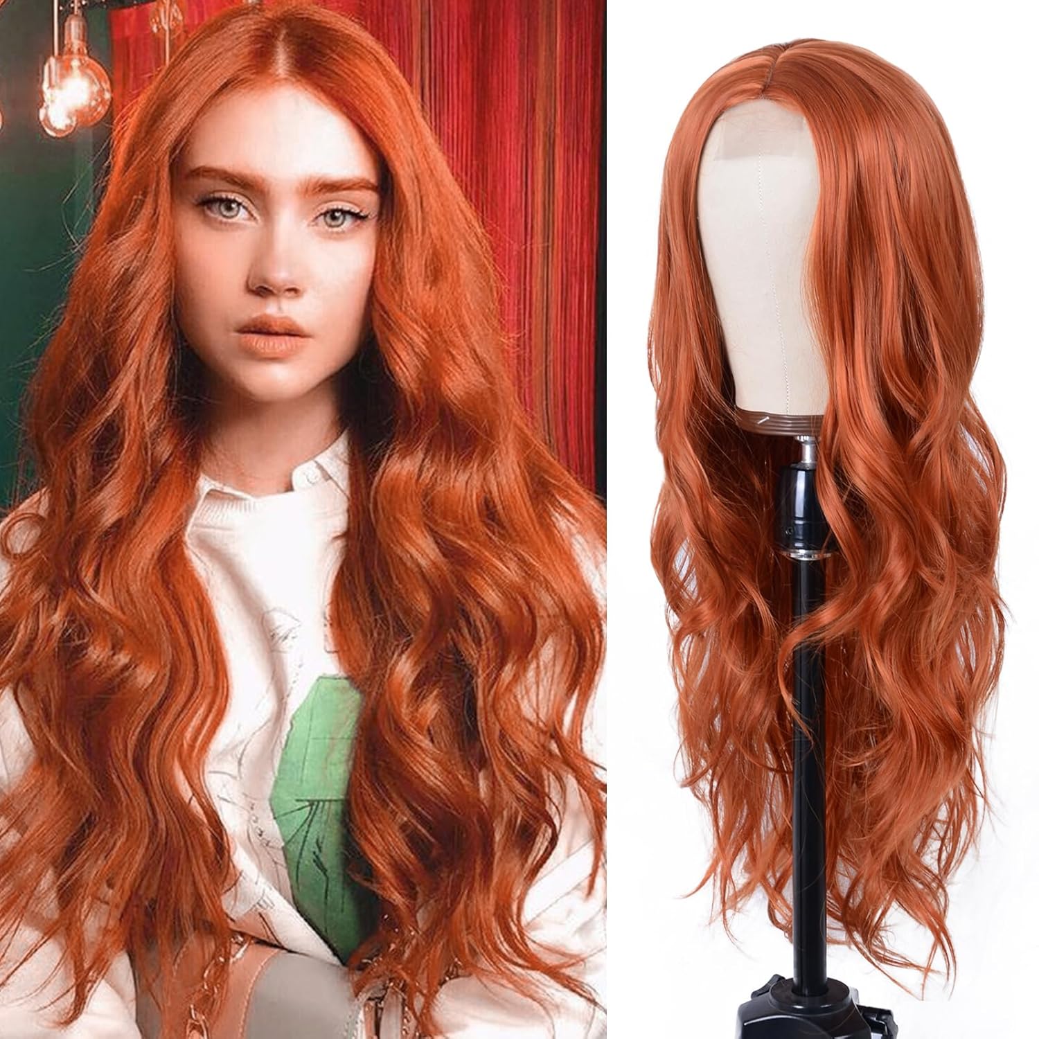 Long Ginger Wig for Women 26inch Orange Wavy Wig Natural Curly Synthetic Heat Re...