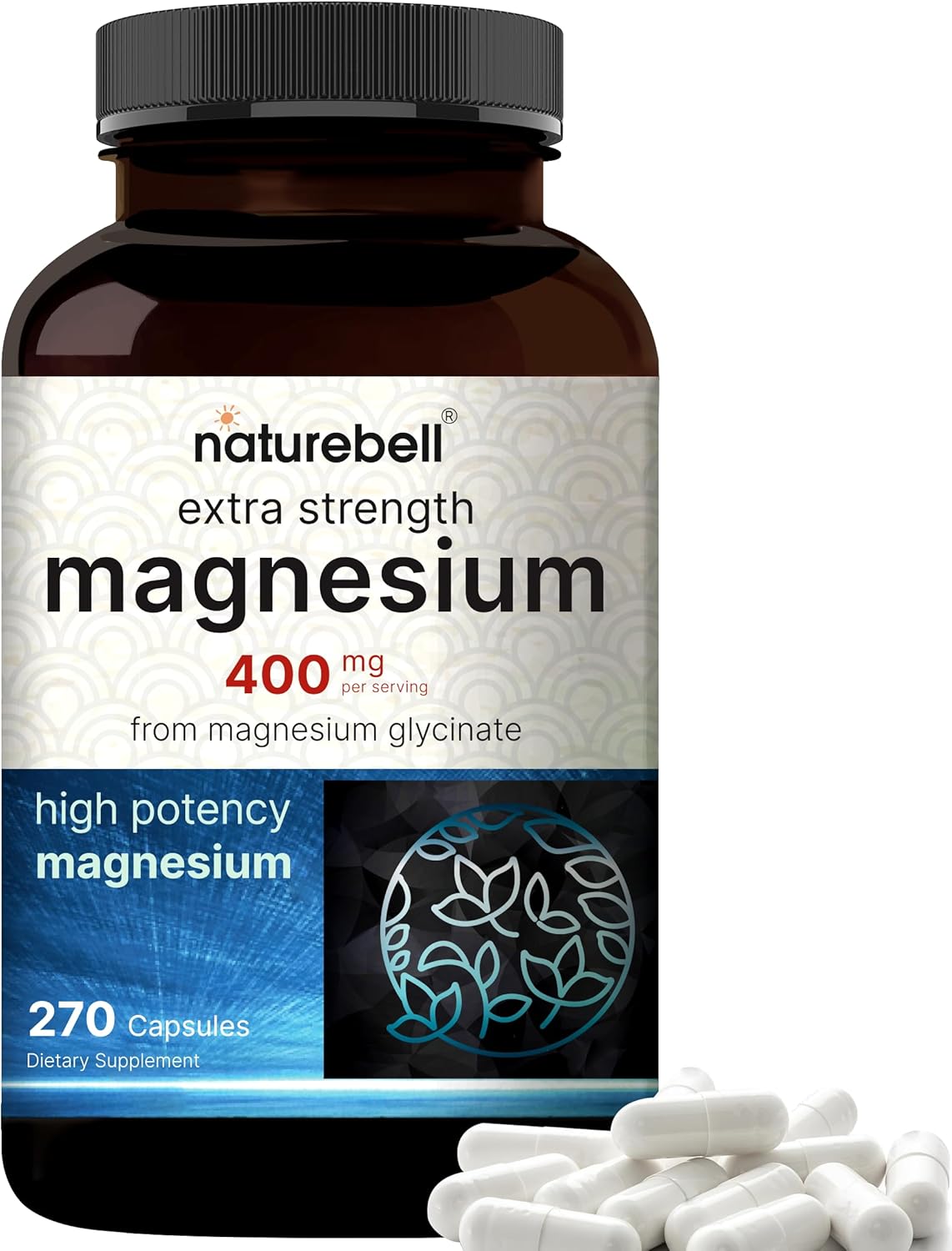 NatureBell Magnesium Glycinate 400mg (Elemental), 270 Capsules – 100% Chelated f...