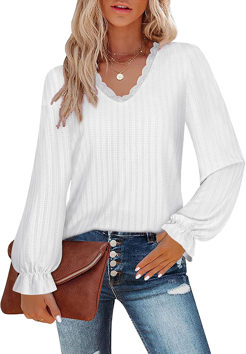 Misyula Womens Lace V Neck Puff Long Sleeve Eyelet Tops Dressy Business Casual W...