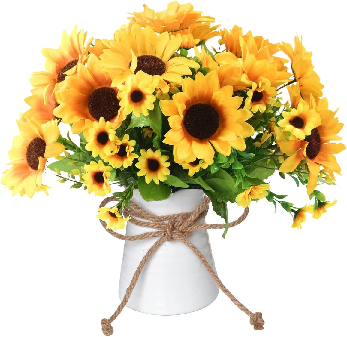 Artificial Flowers in Vase, 5 Branches Fake Sunflowers Bouquet Ceramics Vase，Si...