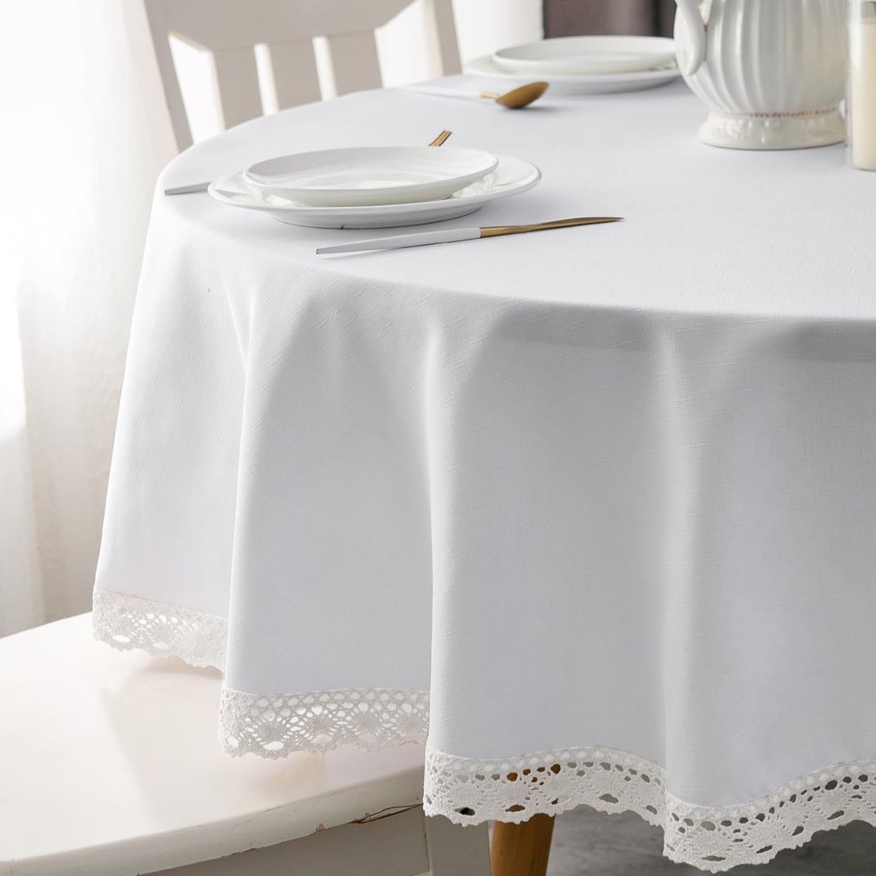 EHouseHome Faux Linen Tablecloth with Lace Trim - Waterproof/Spill Proof/Stain R...