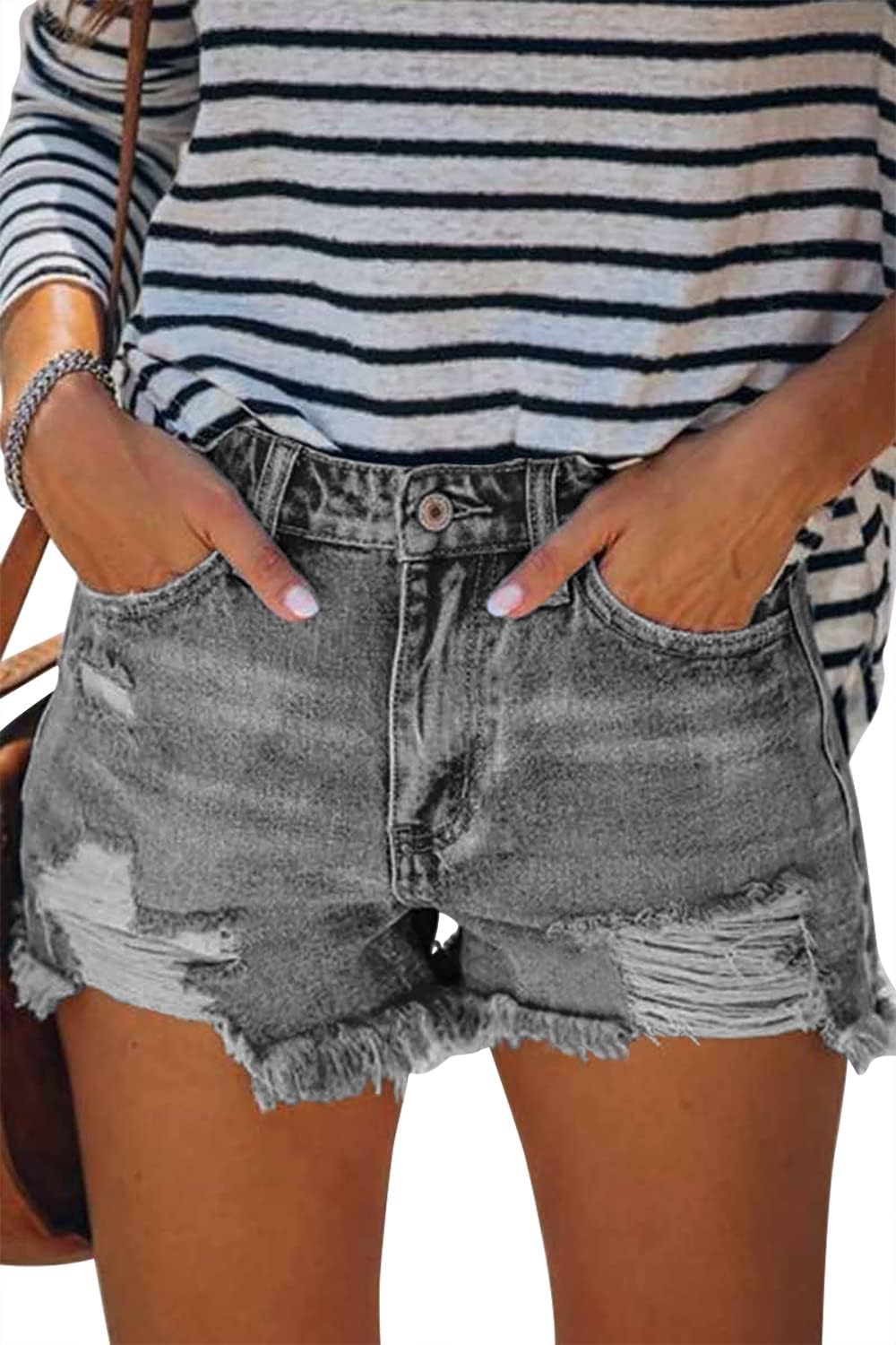 Angerella Women's Denim Shorts Mid Rise Ripped Jean Short Medium #1 Grey