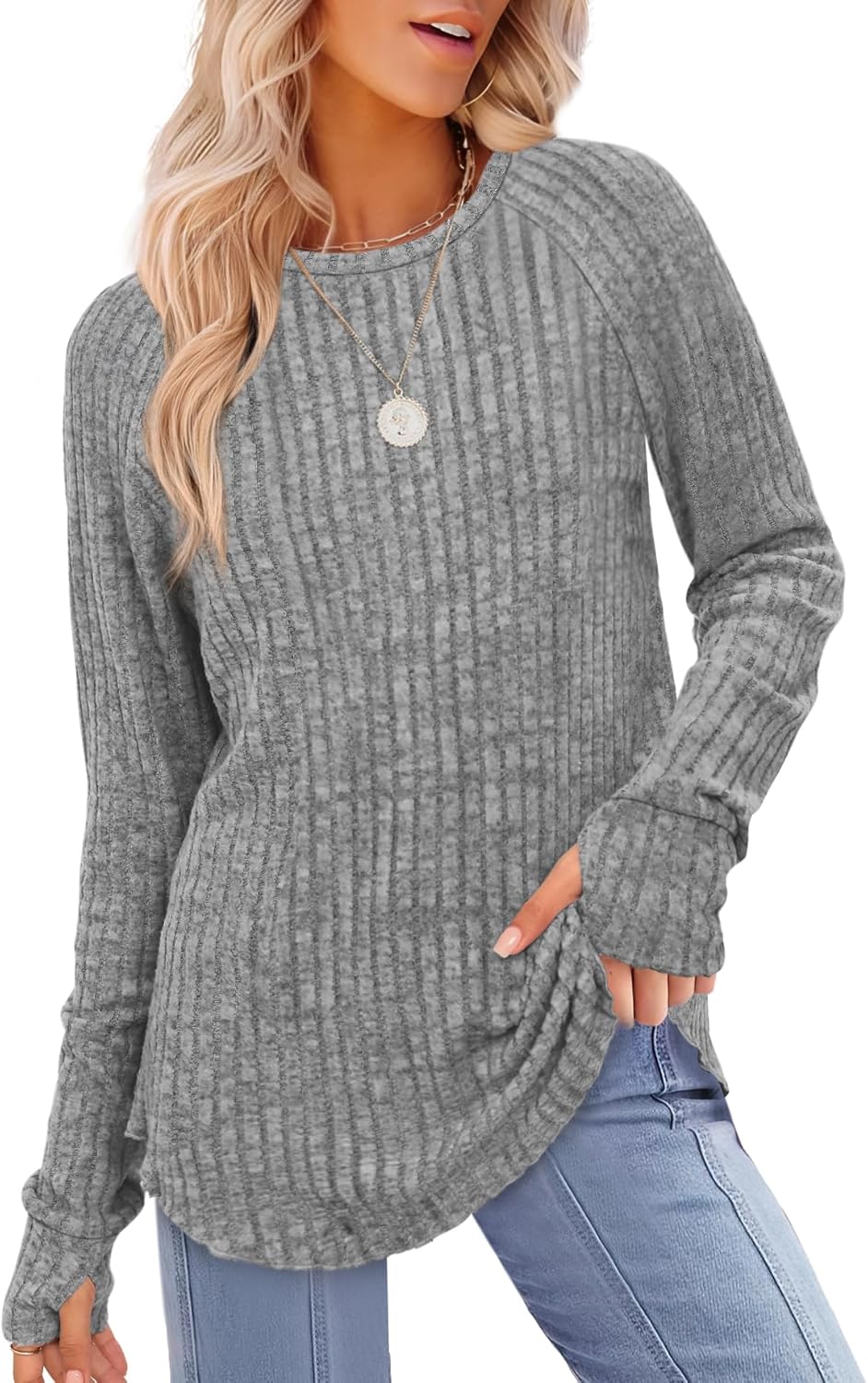 Saloogoe Women's Long Sleeve Top Crewneck Basic Lightweight Fall Shirt with Thum...