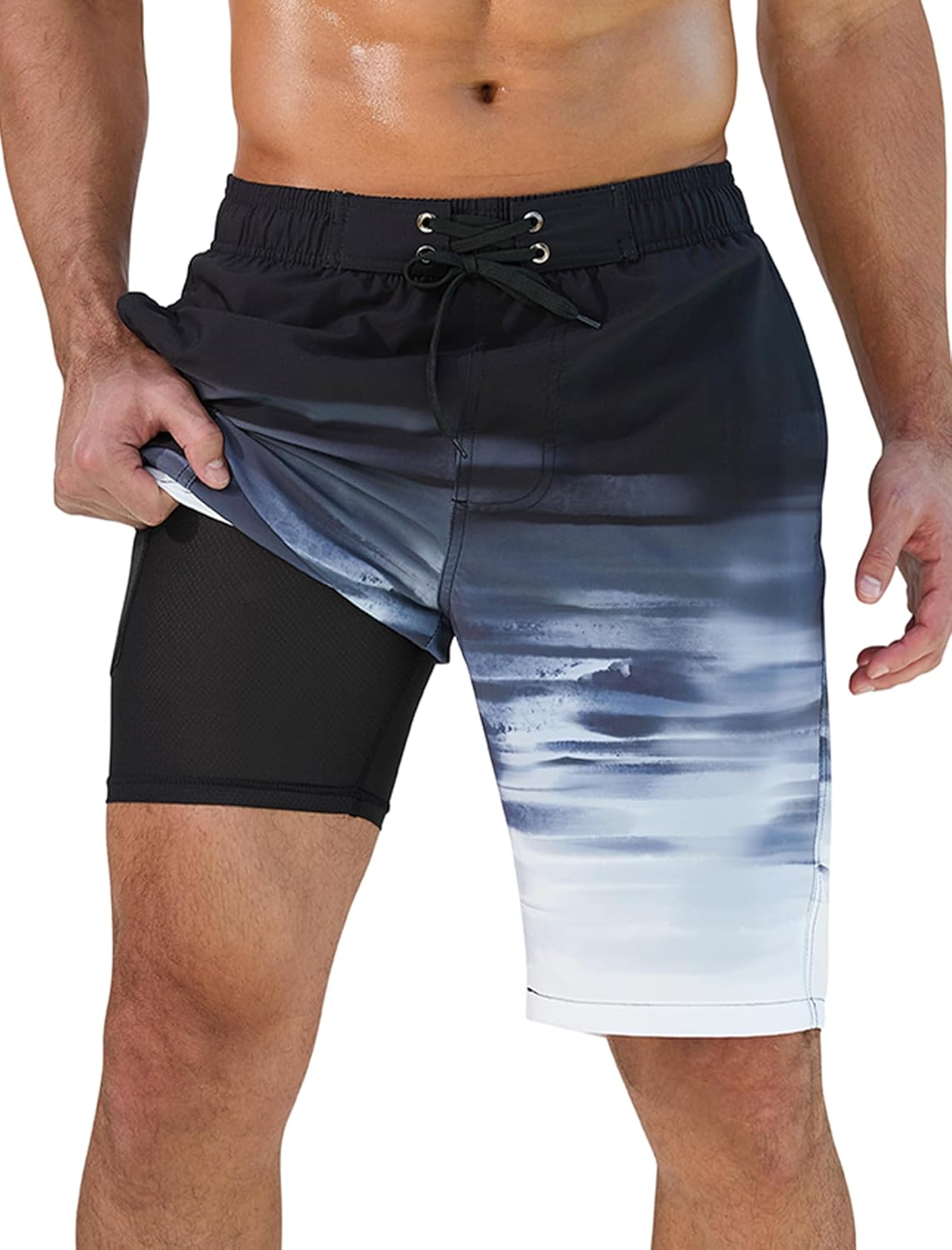 SILKWORLD Mens Swim Trunks with Compression Liner Quick-Dry 10" Stretch Beach Sh...