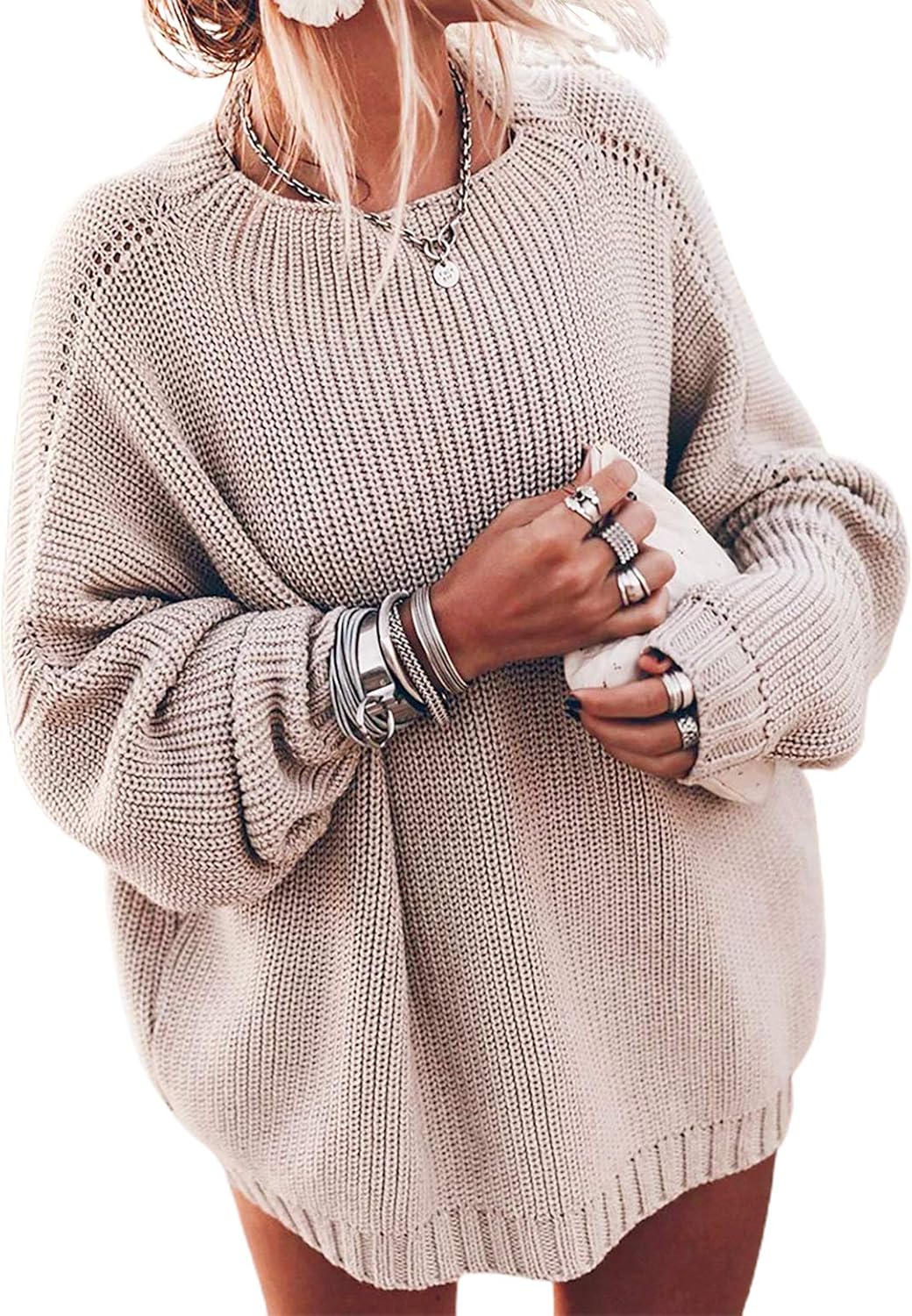 Ugerlov Women's Oversized Sweaters Batwing Sleeve Mock Neck Jumper Tops Chunky K...