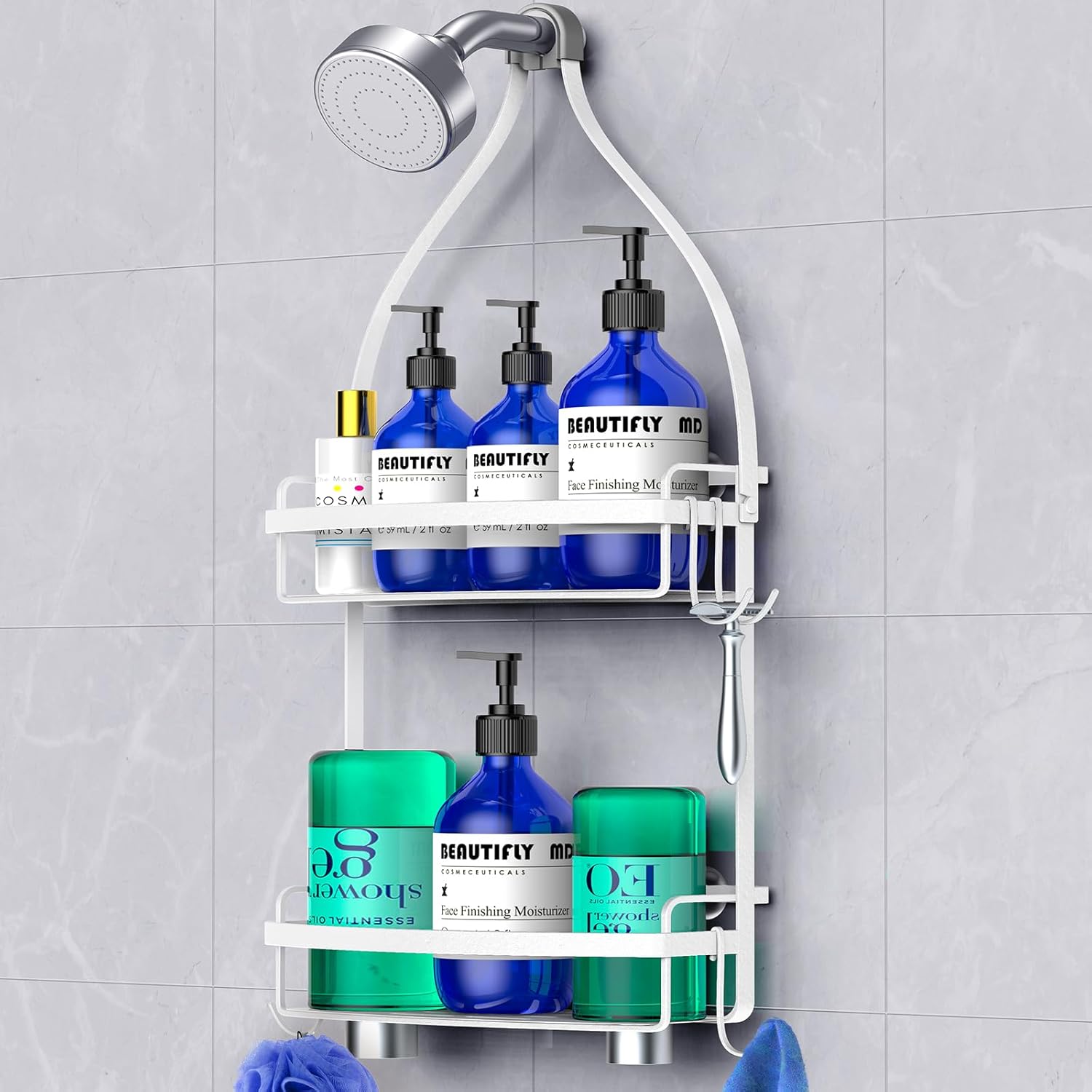 Meangood Shower Caddy Over Shower Head, White Anti-Swing Hanging Shower Caddy wi...