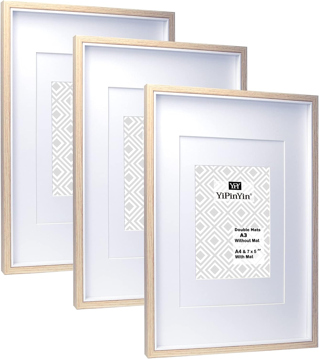 A3 Wooden & white Two Tone Picture Frames Set of 3 with Double Mounts for A4 & 6...