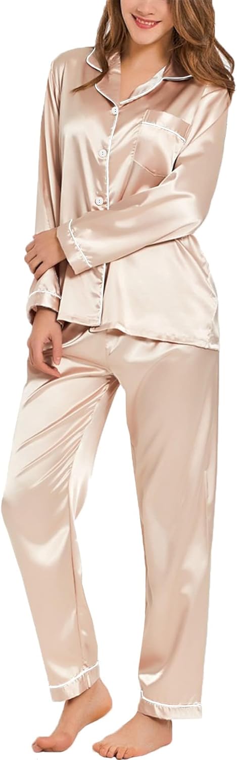 SWOMOG Women's Pyjama Set Silk Satin Long Sleeve Button Down Pyjamas Two Piece C...