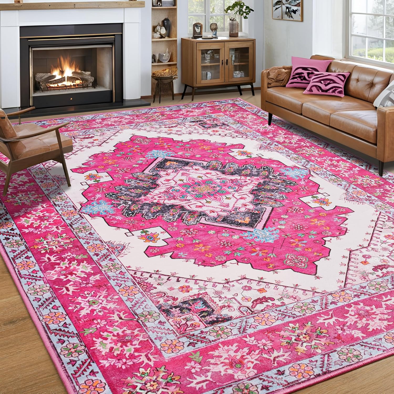 Noahas Hot Pink 6x9 Area Rugs for Living Room, Vintage Machine Washable Rug,Low...