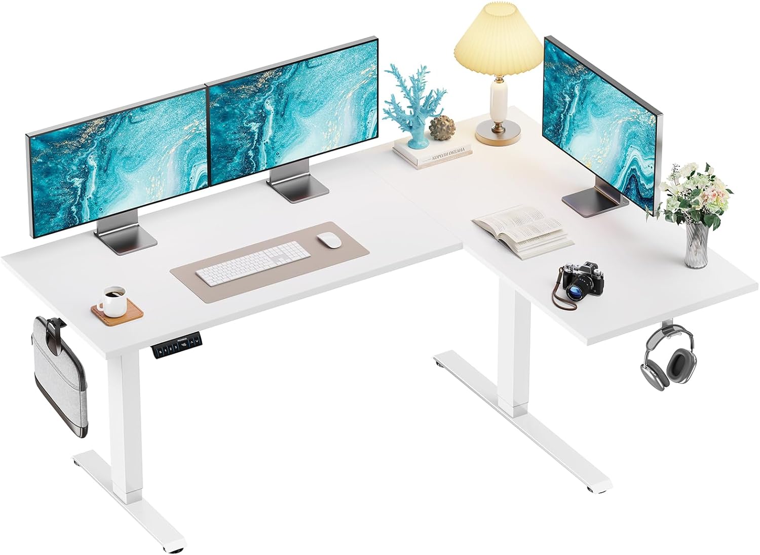 HUANUO L-Shaped Standing Desk, 71 x 48 inch Dual Motor Corner Standing Desk, Ele...