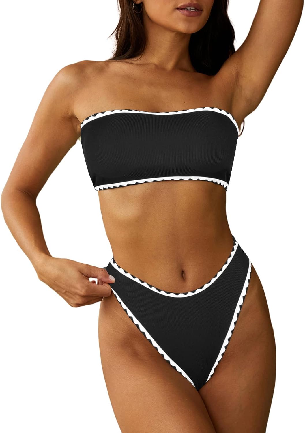 ZAFUL Women Strapless Wave Bandeau Bikini 2 Piece Swimwear Cheeky Solid Lace up...