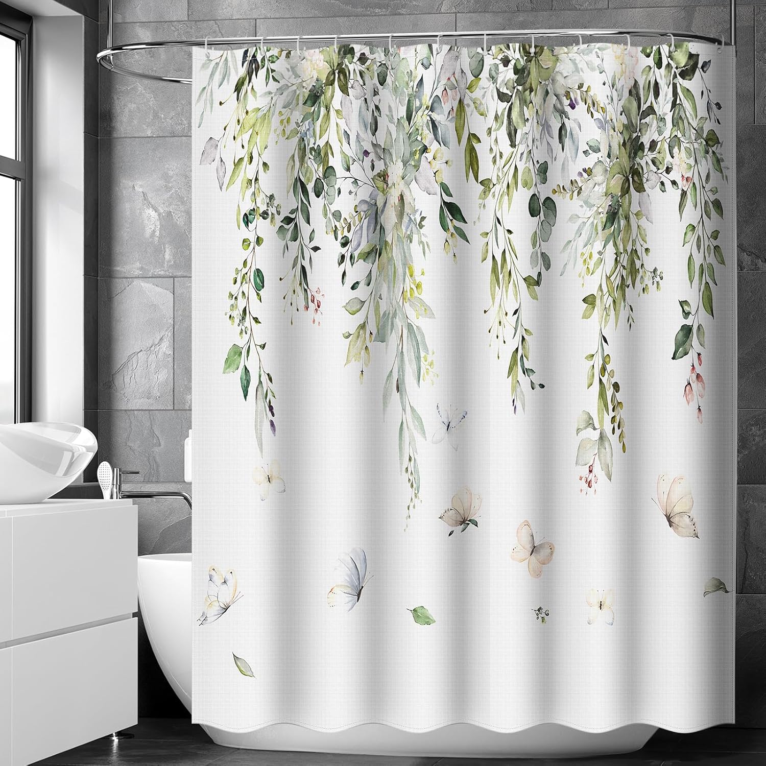 aceyoon White Floral Shower Curtain 180 x 180cm Drop Weighted,Heavy Duty Polyest...