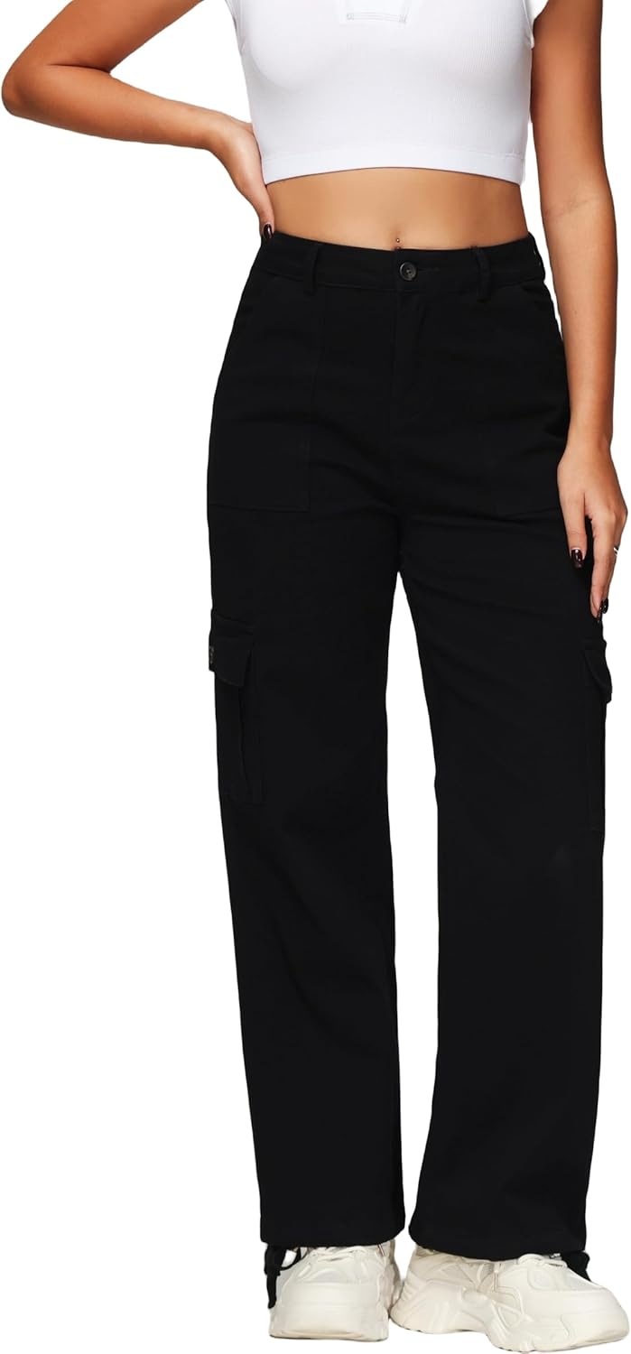 GUNLIRE Cargo Pants Women High Waist Baggy with 6 Pockets Y2K Wide Leg Stretch S...
