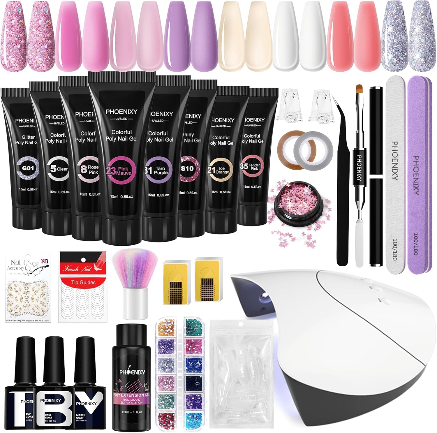 PHOENIXY Poly Nail Gel Kit, 8 Colours 15ml Poly Nail Gel Set with 36W UV/LED Nai...
