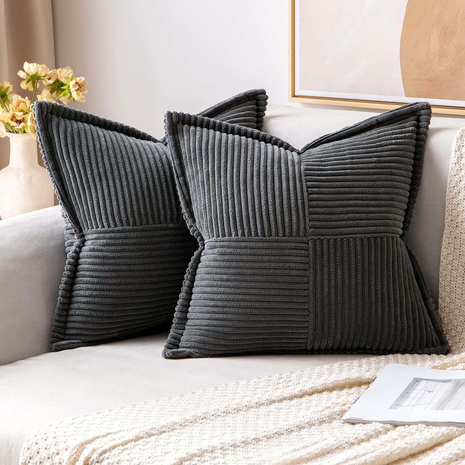 MIULEE Corduroy Cushion Covers Pack of 2 Decorative Modern Patchwork Throw Pillo...