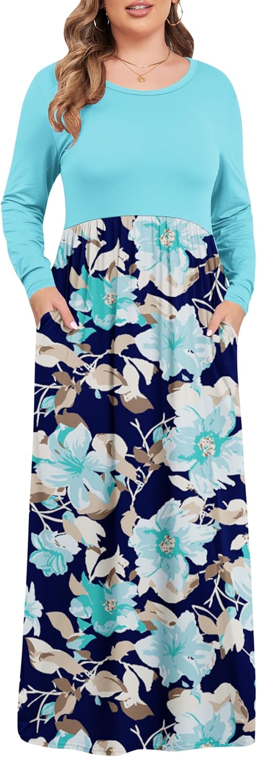 KARALIN Women's Plus Size Long Sleeve Loose Plain Casual Long Maxi Dresses with...