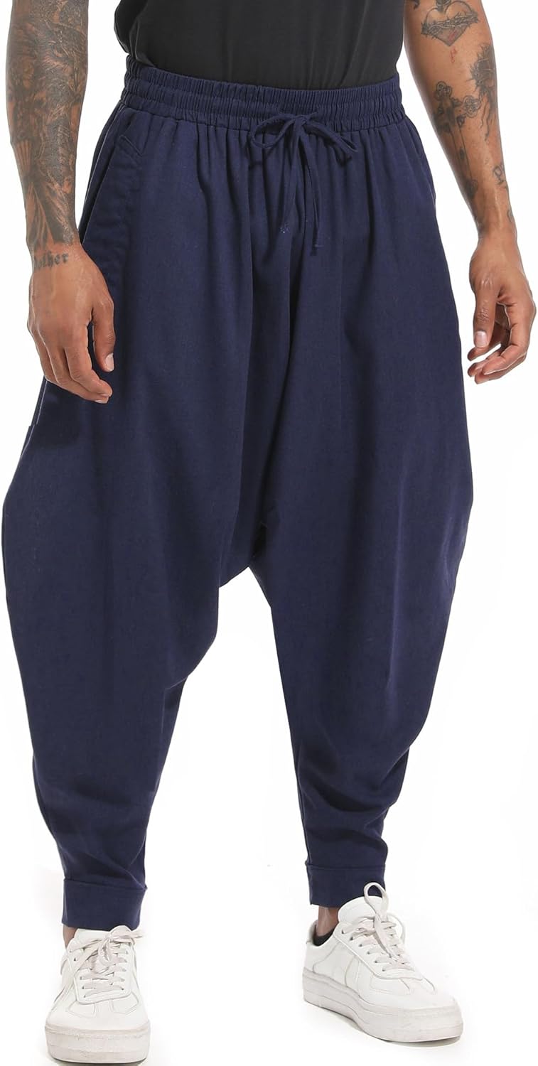 perdontoo Mens Harem Pants Loose Fit Elastic Waist Drawstring Aladdin Hippie Tro...