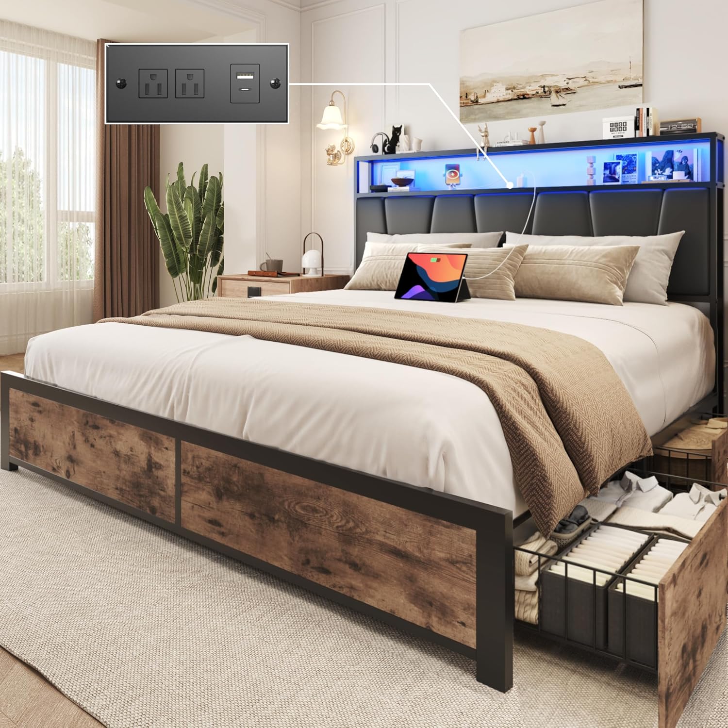 Lifezone Queen Bed Frame with 2-Tier Storage Faux Leather Headboard, Metal Platf...