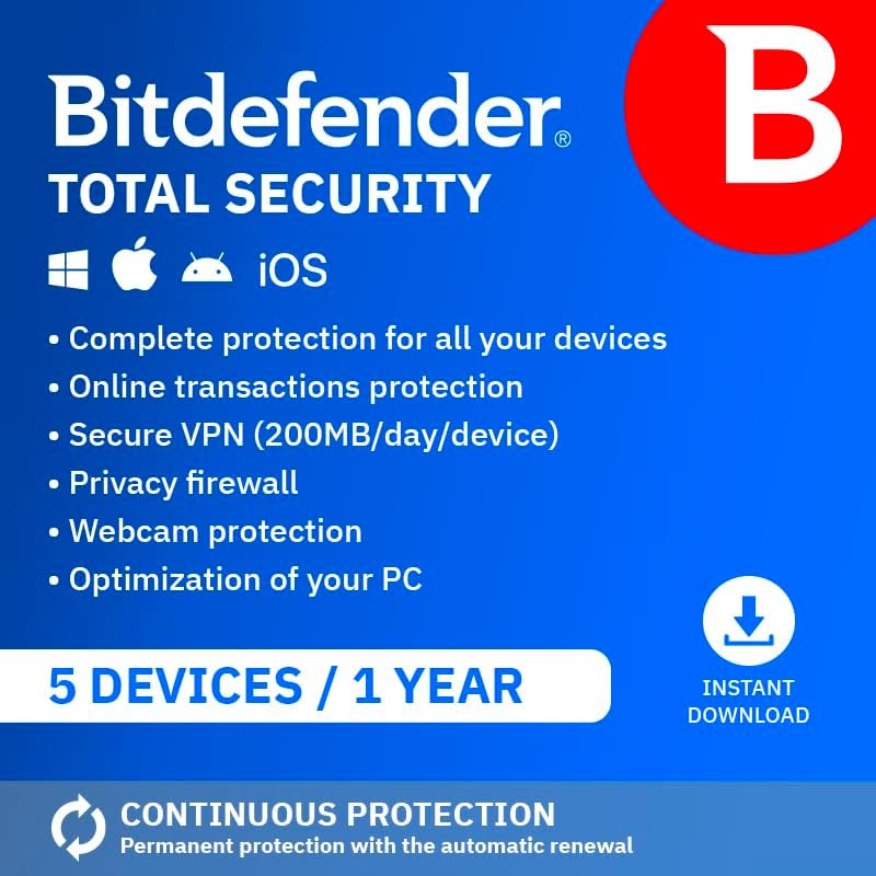 Bitdefender Total Security 2025 | 5 Devices | 1 Year | PC/Mac/iOS/Android | Acti...