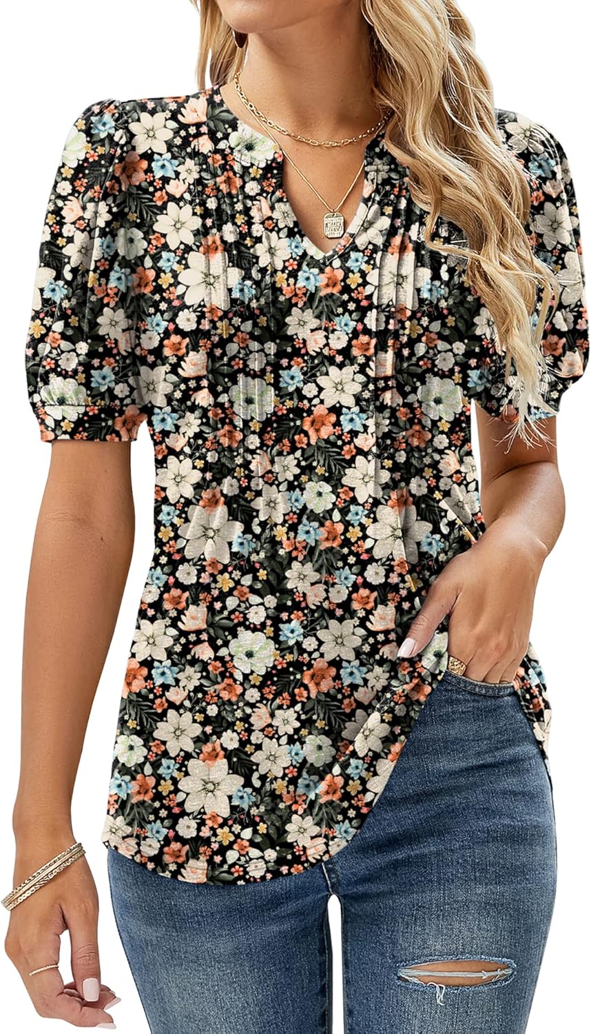 EFFAN Womens V Neck Tops Puff Short Sleeve T-Shirt Pleated Floral Printed Tunic...