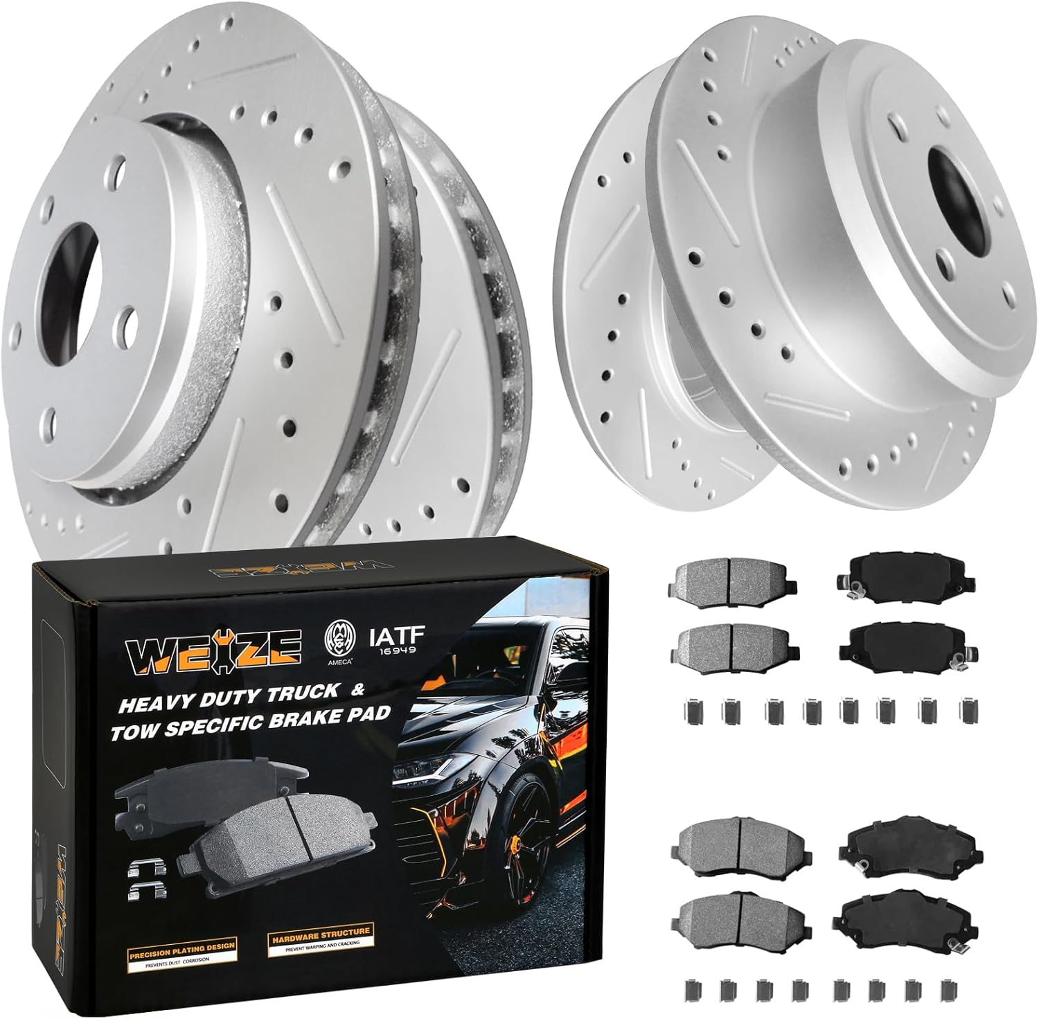 WEIZE Truck & Tow Front and Rear Brake Kit, Fit for Jeep Wrangler 2007-2017, Cer...