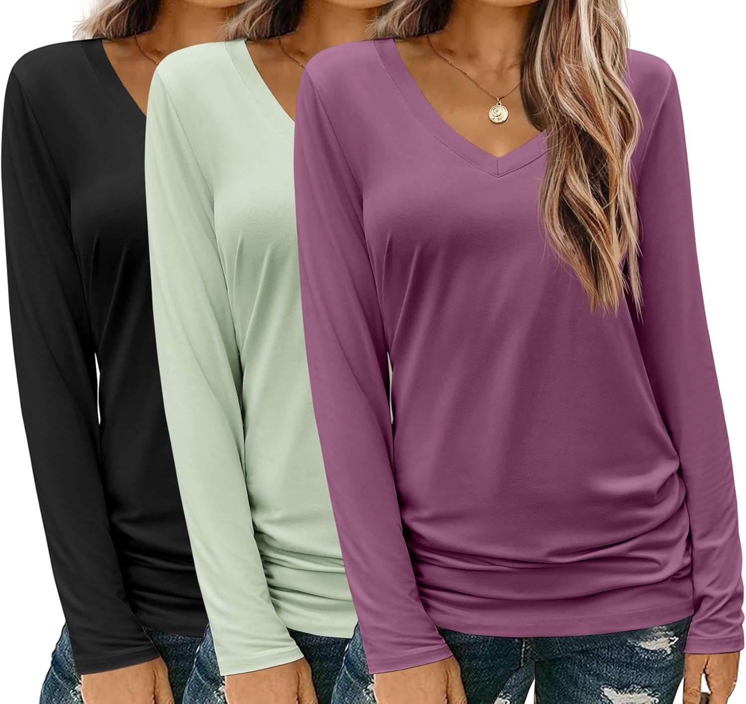 Zeagoo Womens T Shirts Long Sleeve V Neck Basic Tee Soft Casual Loose Fit Fall T...
