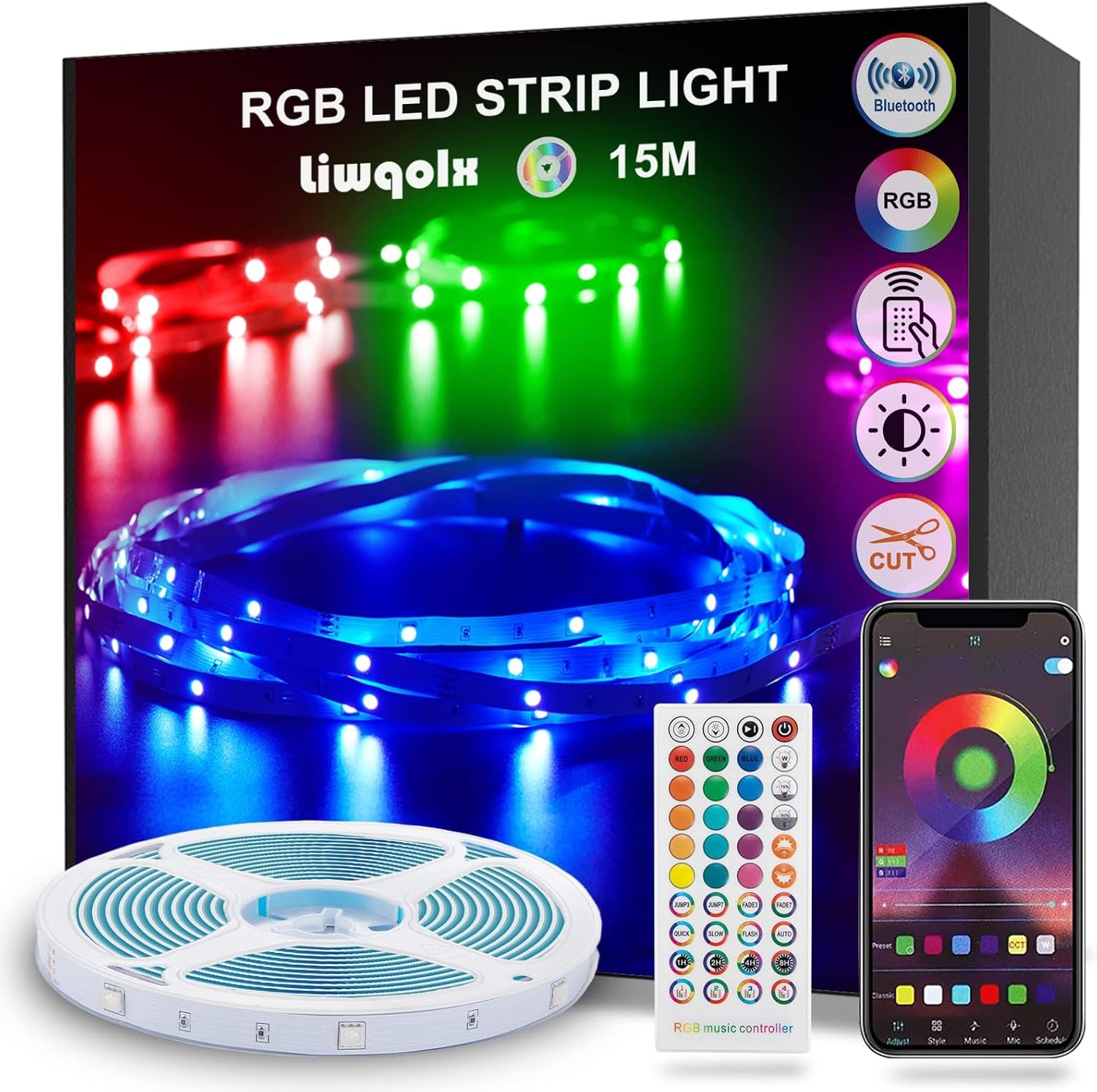 LED Strip Lights 15m, RGB Bluetooth Ultra-Long LED Light with Remote, Music Sync...