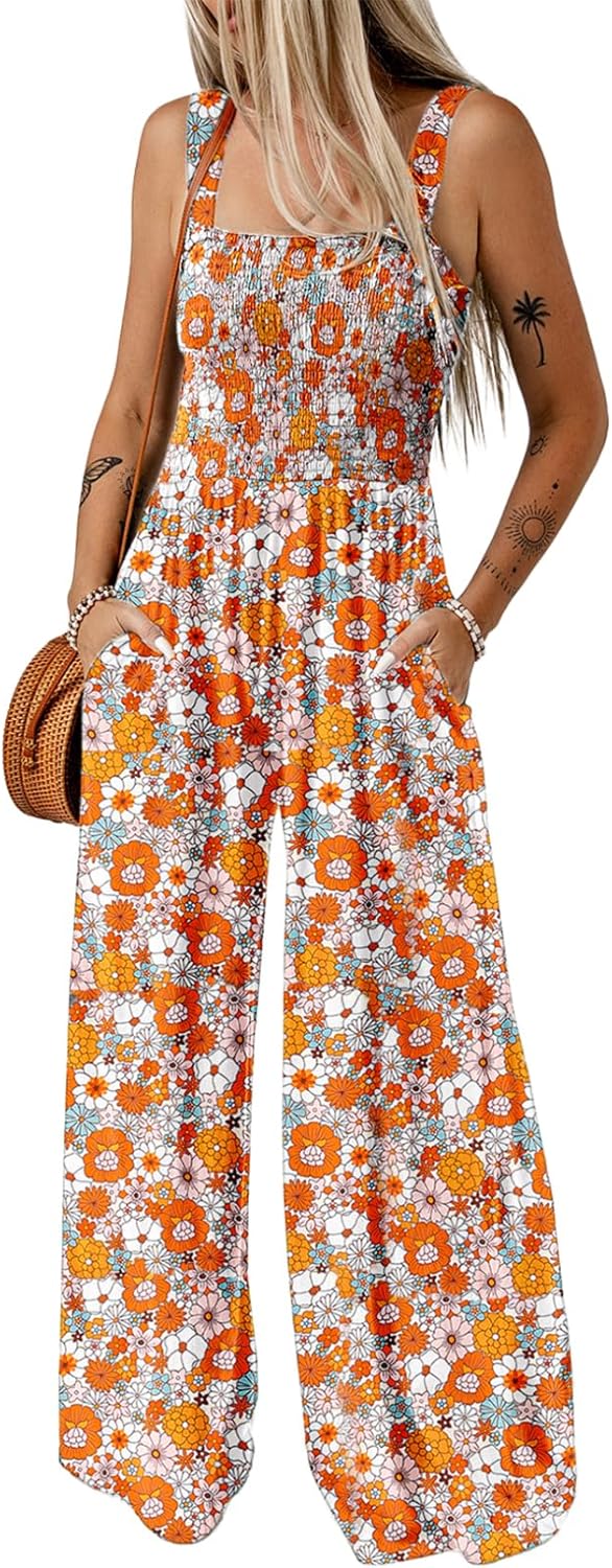 Dokotoo Women's Casual Loose Overalls Jumpsuits One Piece Sleeveless Printed Wid...
