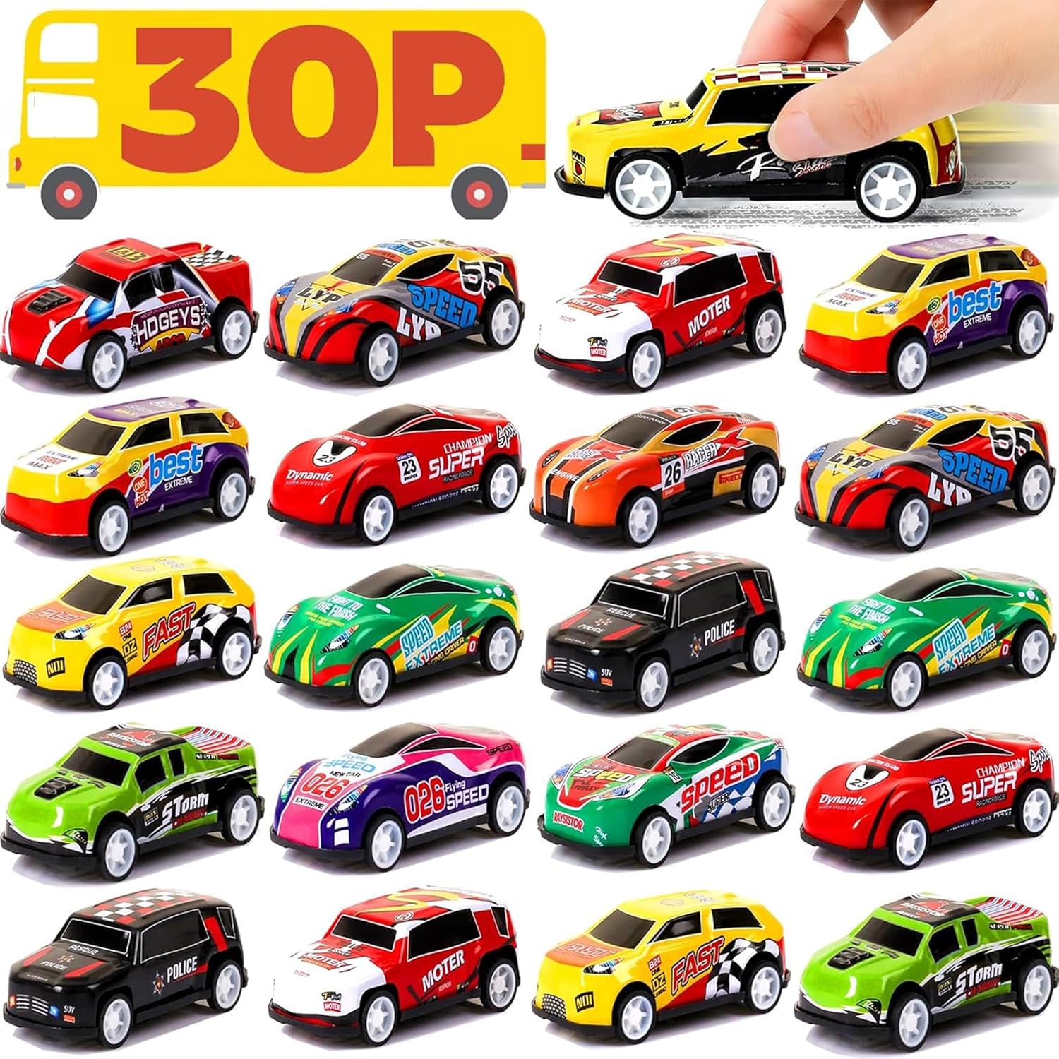 AZEN 30 Pcs Pull Back Cars Party Favors for Kids 4-8 8-12, Mini Vehicles Toy Bul...