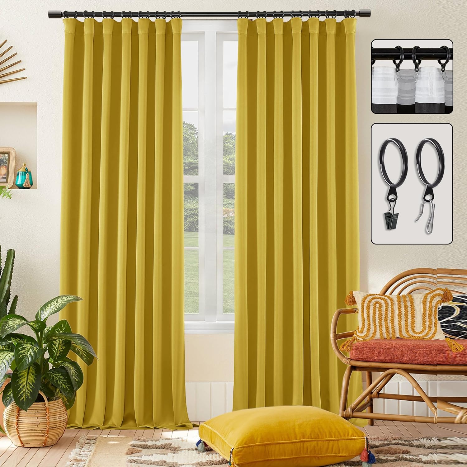 SHINELAND Mustard Yellow Blackout Curtains 96 Inches Long for Living Room Bedroo...