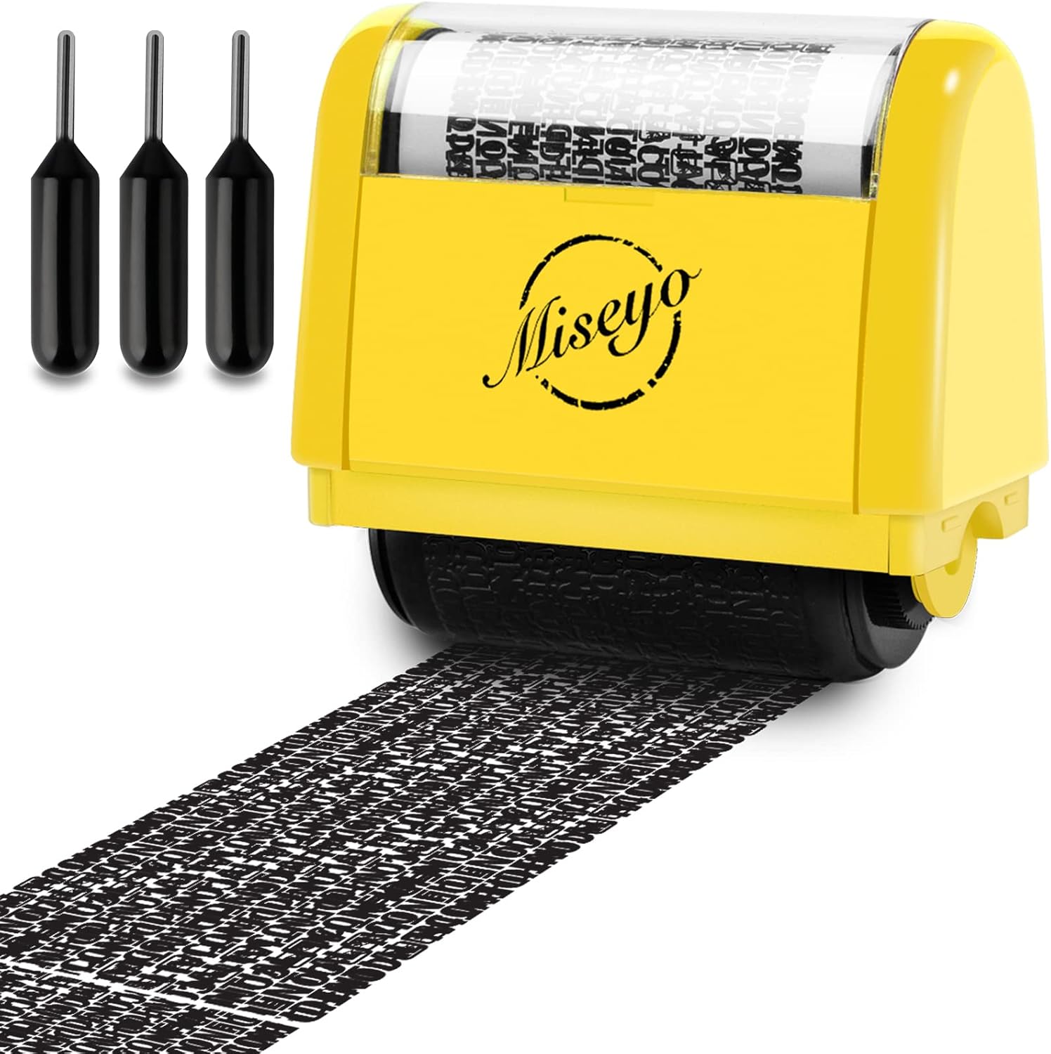 Miseyo Wide Identity Theft Protection Roller Stamp Set - Yellow (3 Refill Ink In...