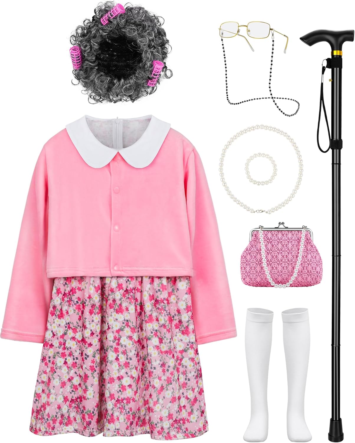 Old Lady Costume for Kids 100 Days of School Costume Granny Old Lady Wig Dress U...