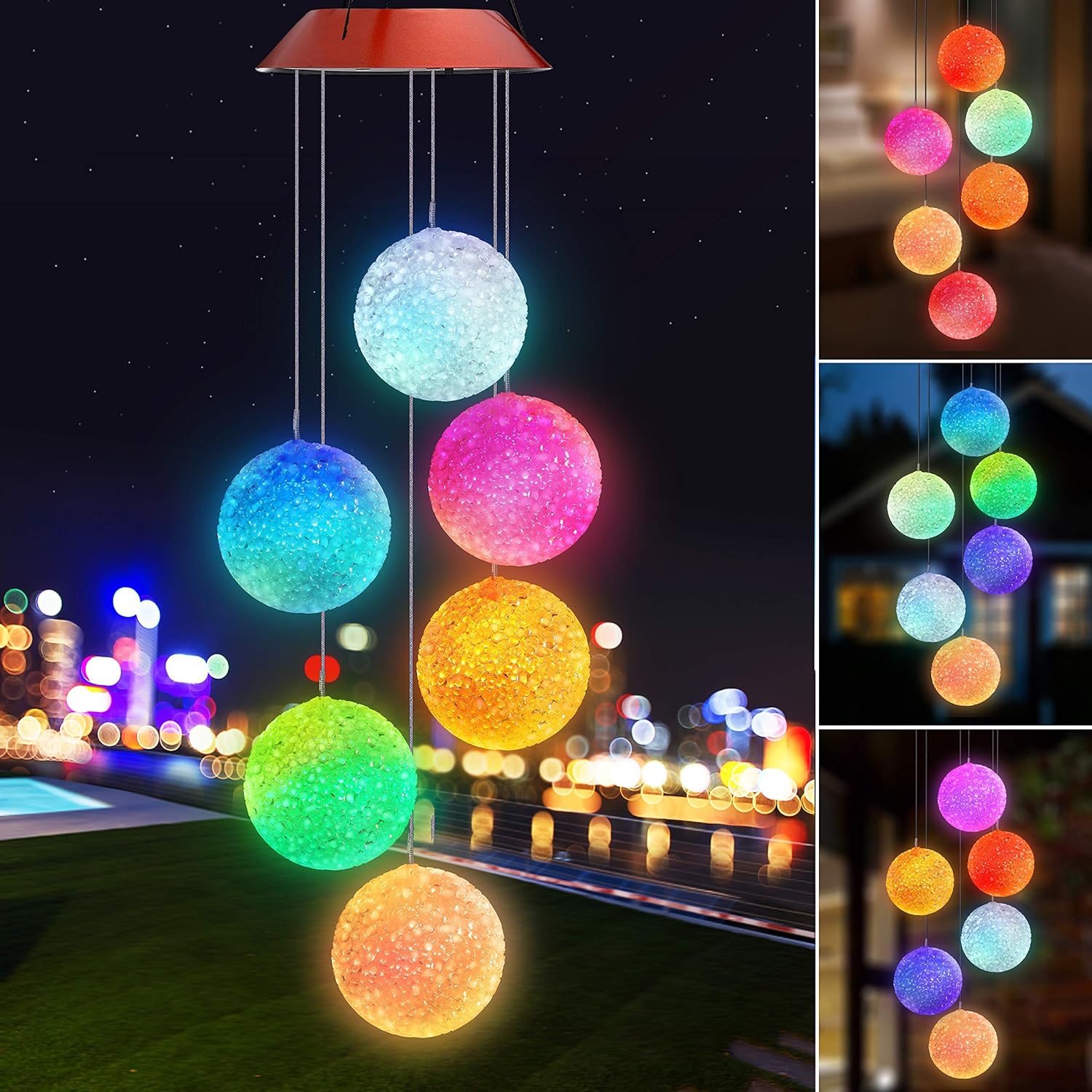 Wind Chimes Crystal Ball Solar Wind Chimes Color-Changing Outdoor Waterproof Win...
