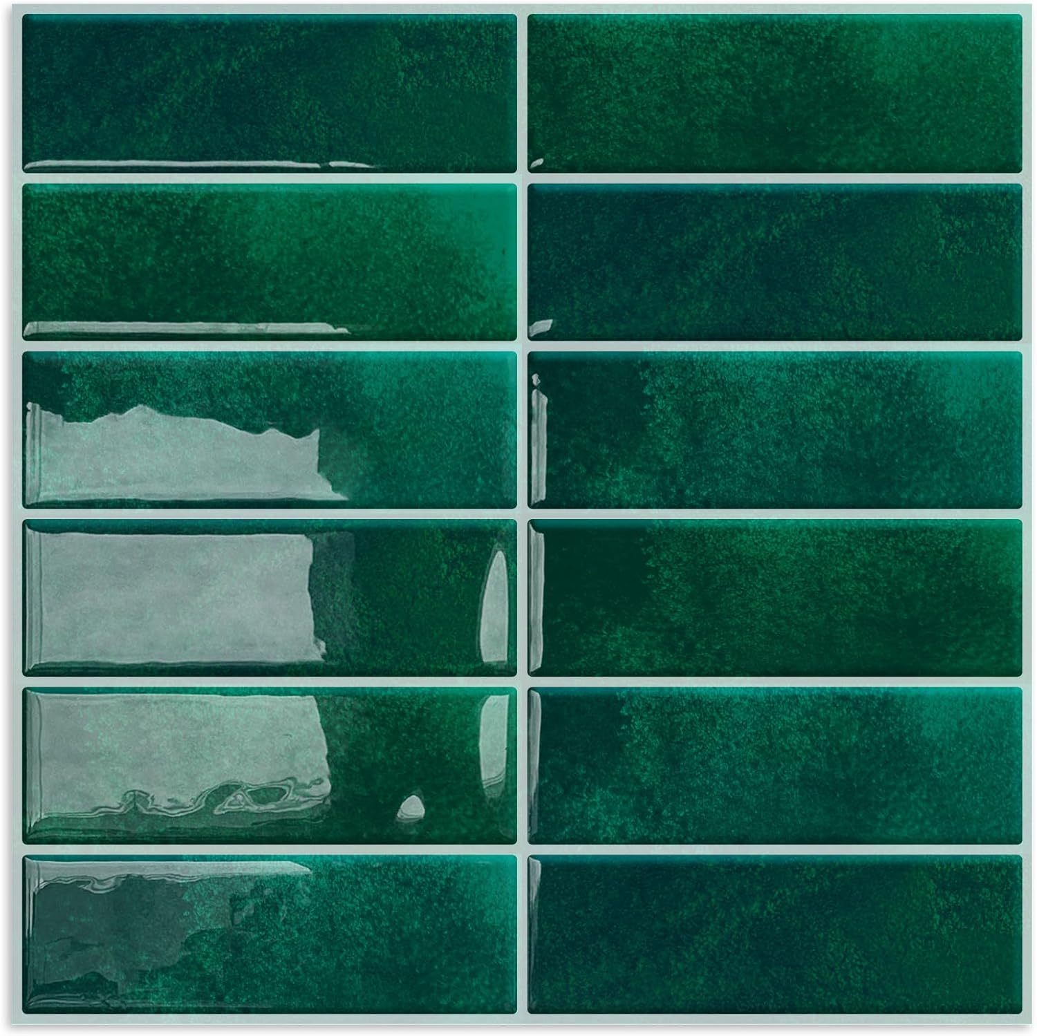 DEWOO Green Peel and Stick on Subway Metro Splashback Tiles Self Adhesive Wall T...