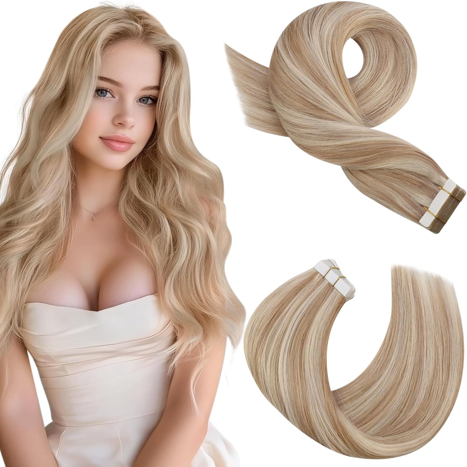 Moresoo Human Hair Tape in Extensions Blonde Tape in Real Hair Extensions Carame...
