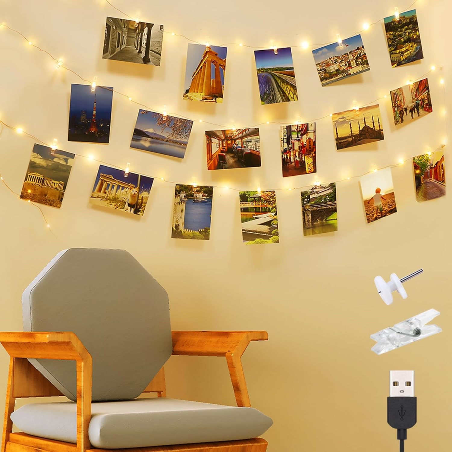 litogo USB Powered Photo Clip String Lights, 50LED 5M Photo Peg Fairy Lights wit...