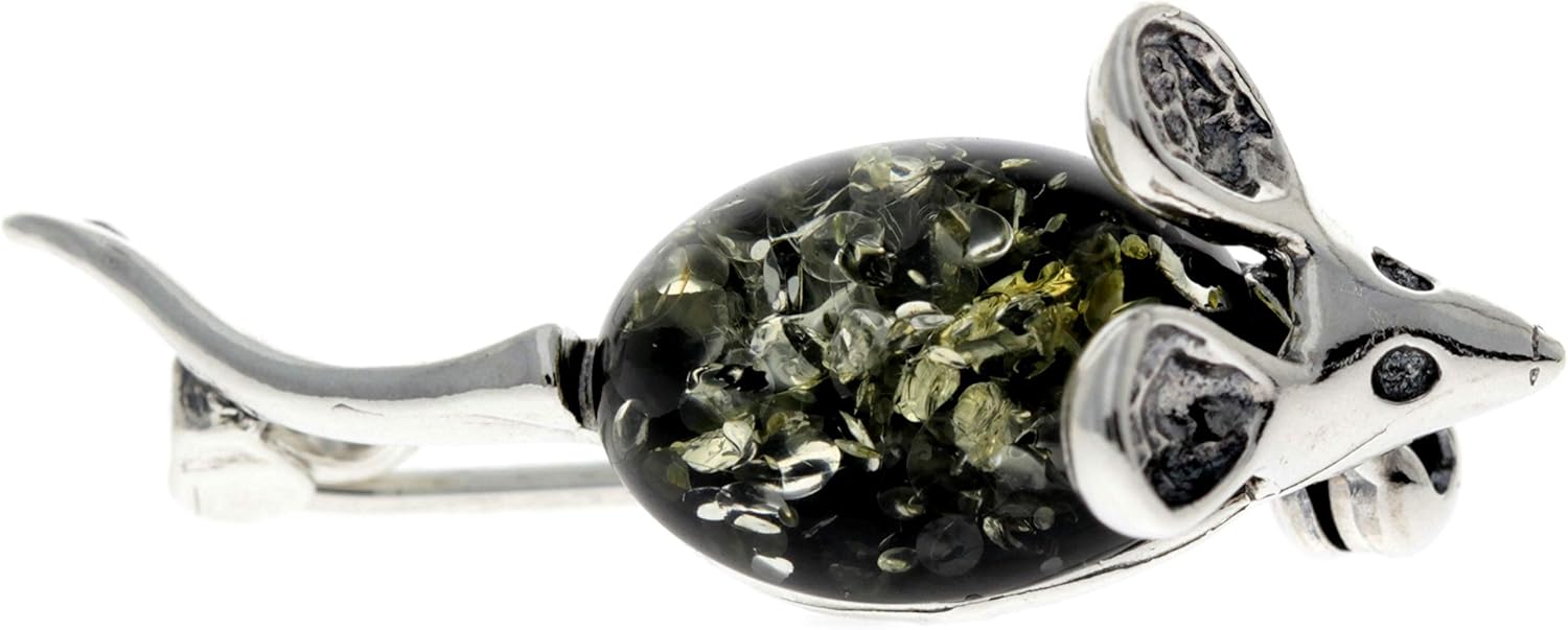 925 Sterling Silver & Genuine Baltic Amber Jewellery - Mouse Brooch 4107 Green