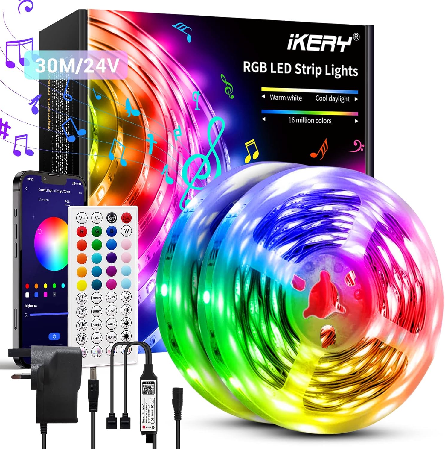30M LED Strip Lights IKERY RGB LED Light Strips Music Sync, App Remote Controlle...