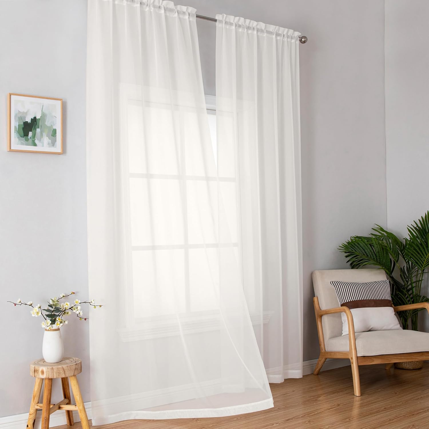 Simplebrand Ivory Sheer Curtains 96 Inches Long, Light Filtering Rod Pocket Soli...