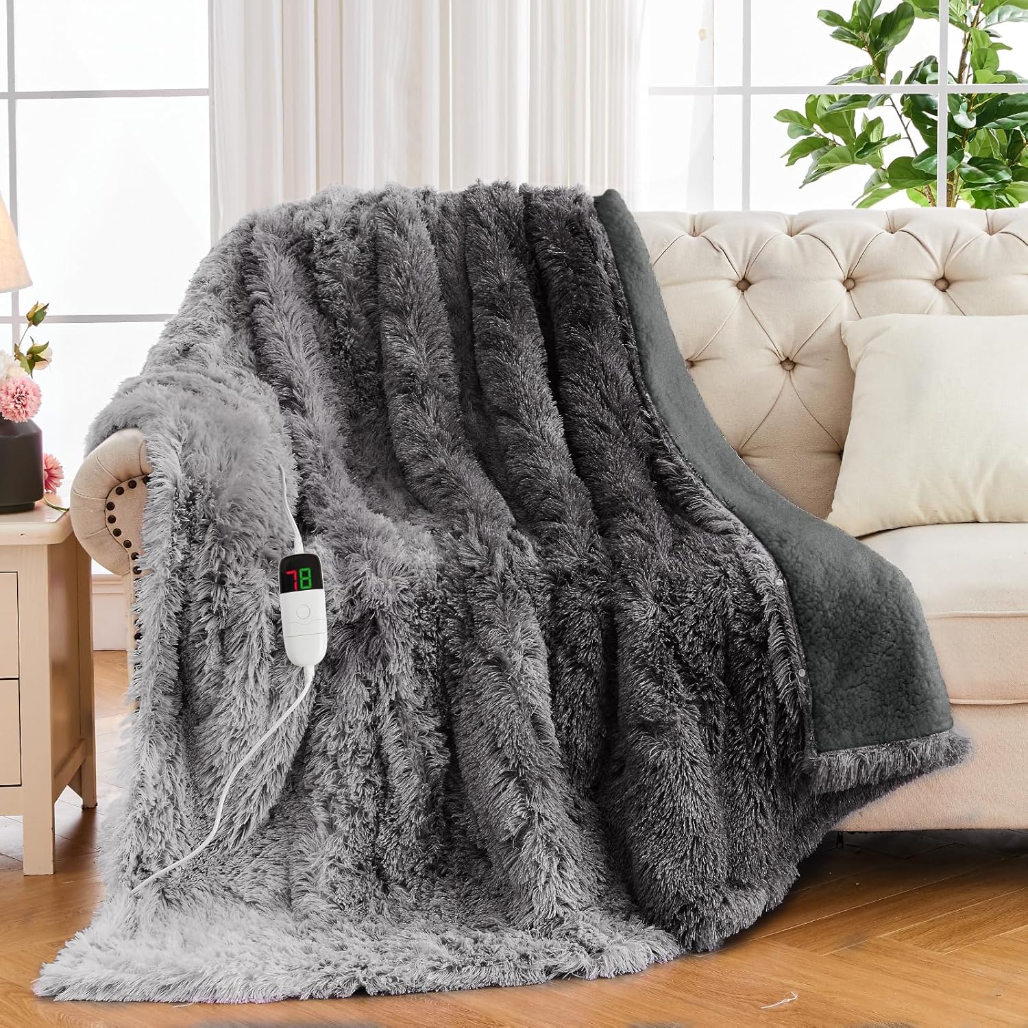 Heated Electric Blanket Faux Fur Throw Size with Fluffy Sherpa Back, Warming Plu...