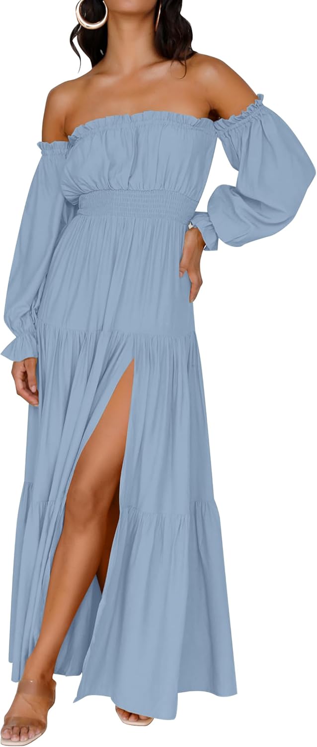 ZESICA Women's Boho Sexy Off Shoulder Long Sleeve Smocked High Waist Side Split...