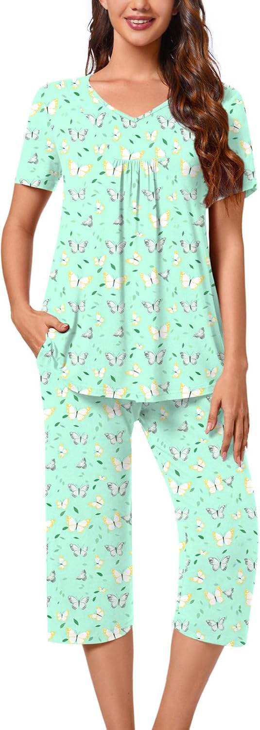 Aodemo Womens Summer Pajama Sets Pleated Sleepwear Ladies Short Sleeve Nightwear...