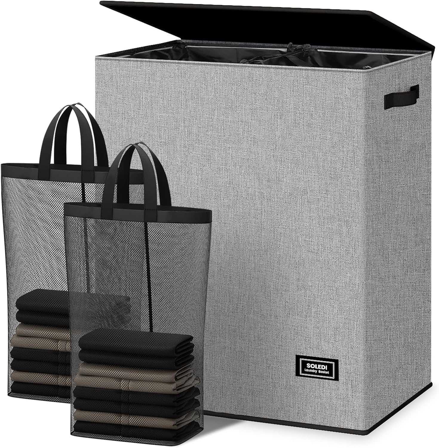 SOLEDI Double Laundry Basket with Lid, Washing Basket with Removable Laundry Bag...