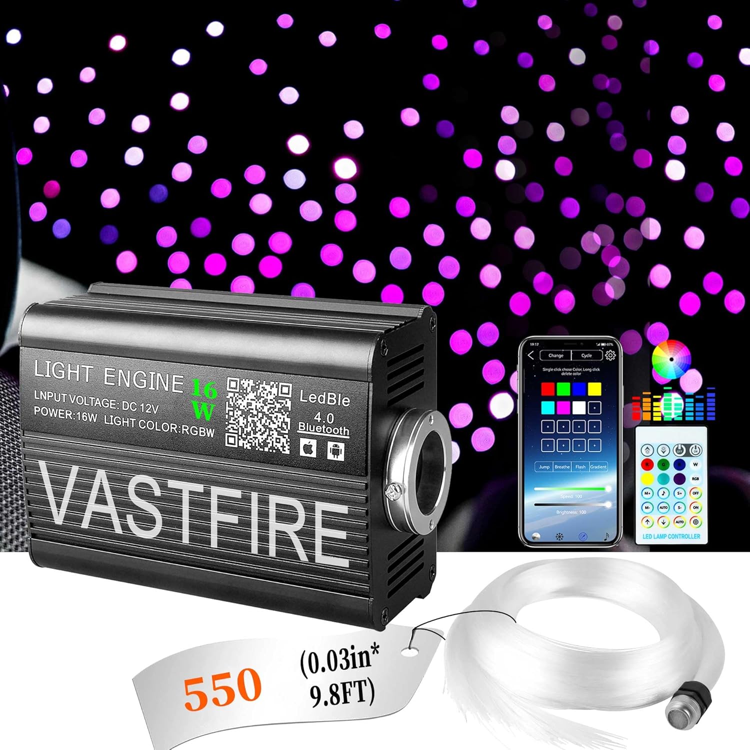 Starlight Headliner Kit 500 Piece Twinkle 0.03in*9.8ft/0.75mm*3m, 16W Starlight...