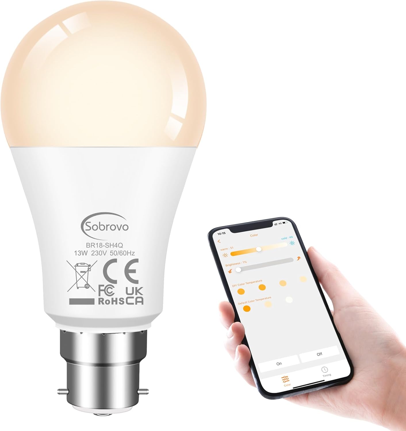 SOBROVO LED Light Bulb 13W Warm White-White 2700K-6000K 130W Equivalent B22 Smar...