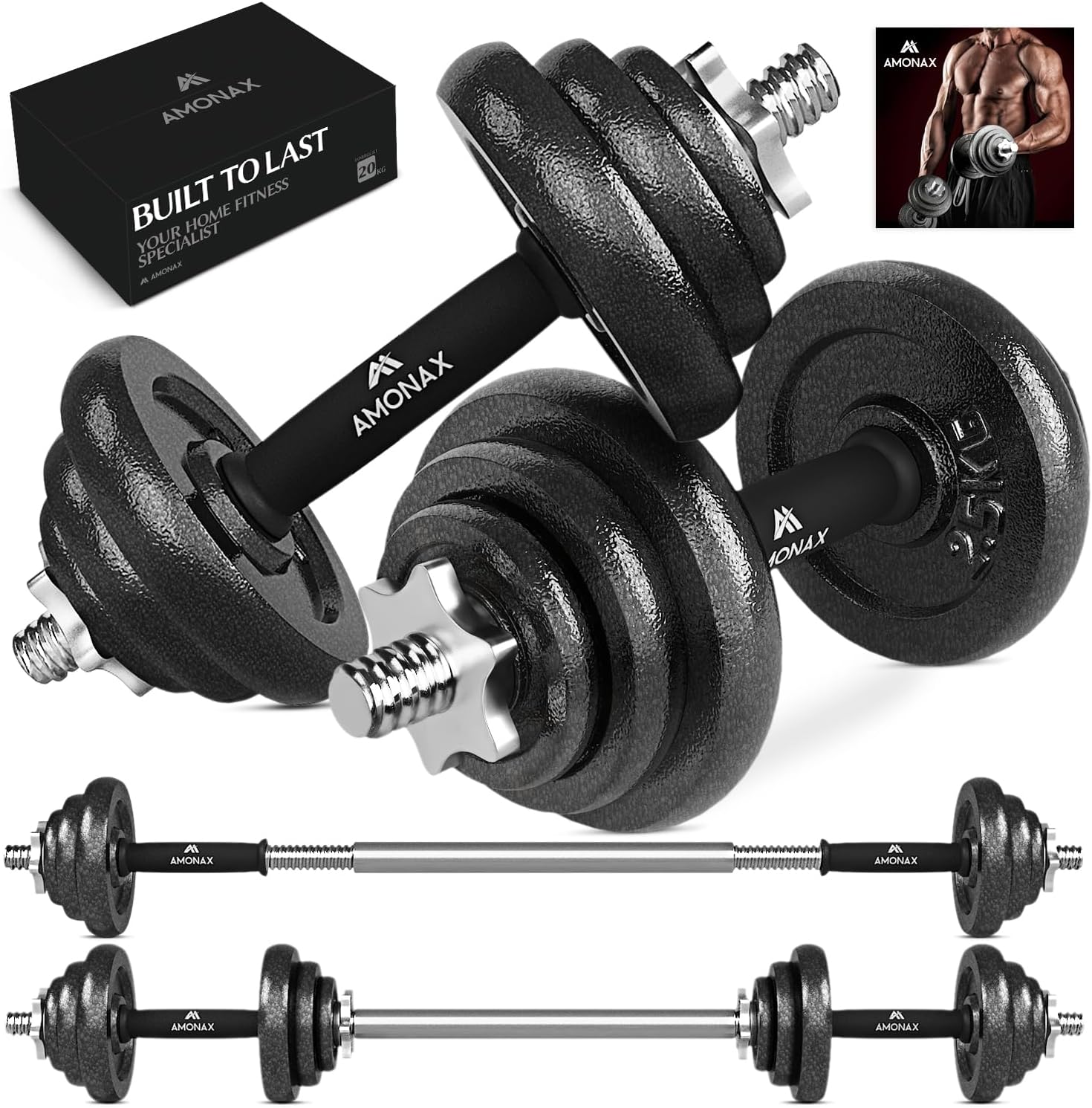 Amonax 20kg 30kg Cast Iron Adjustable Dumbbells Weight Set, Barbell Set Men Wome...