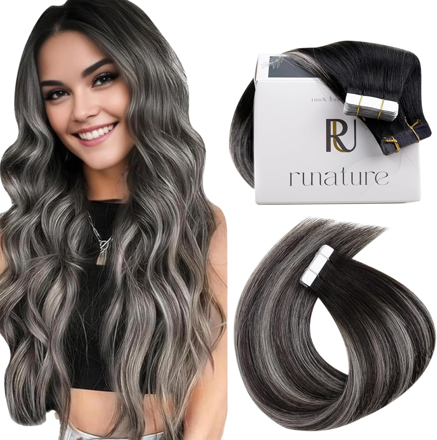 RUNATURE Black Tape in Hair Extensions Ombre Human Hair Tape in Extensions Black...