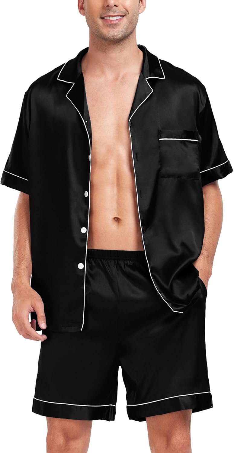 SWOMOG Men Satin Silk Pajamas Sets Short Sleeve Sleepwear Button-Down PJs Sets T...