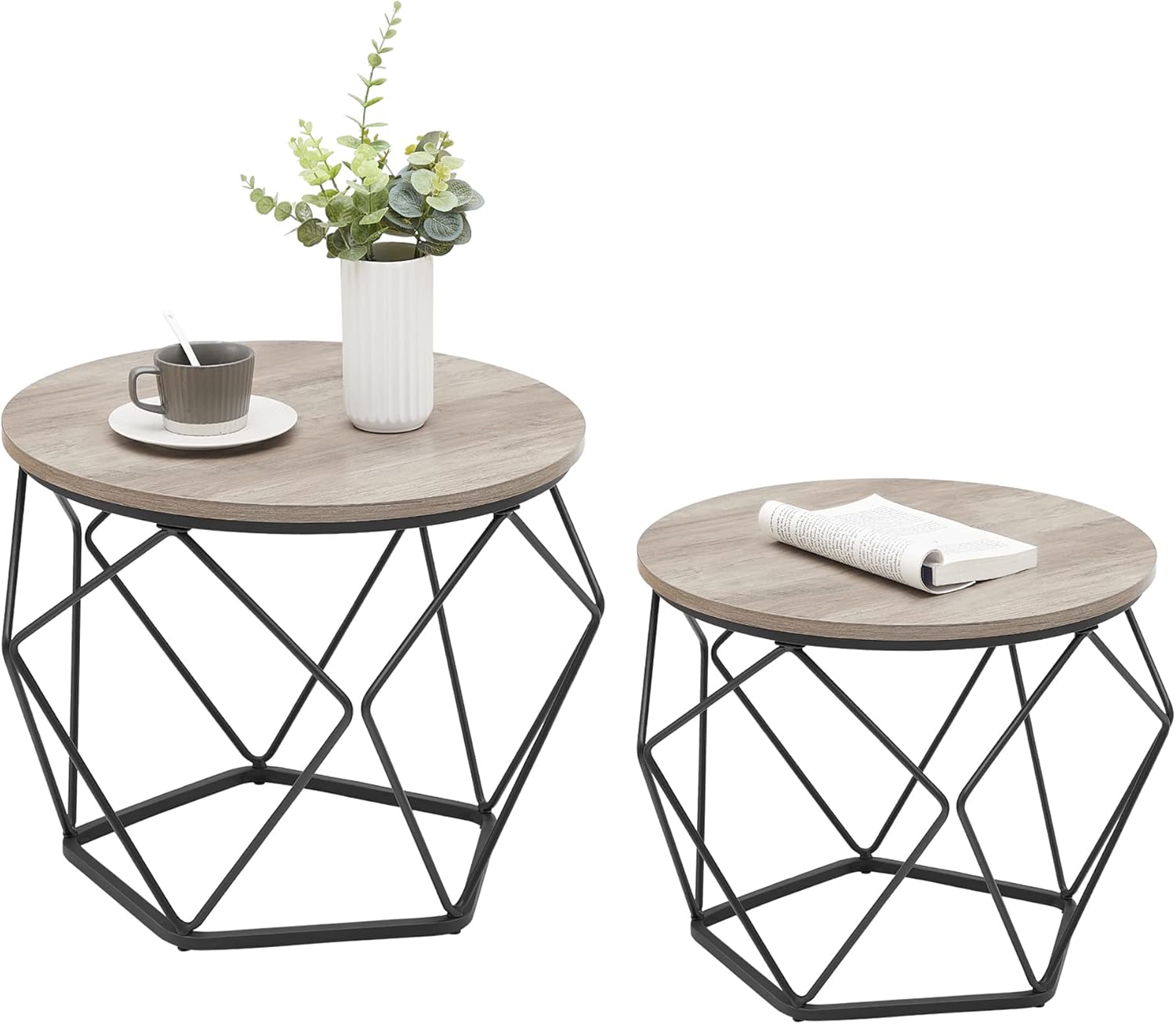 VASAGLE LET040B02 Round Coffee Table, Set of 2, Side Table, Sofa End, Industrial...