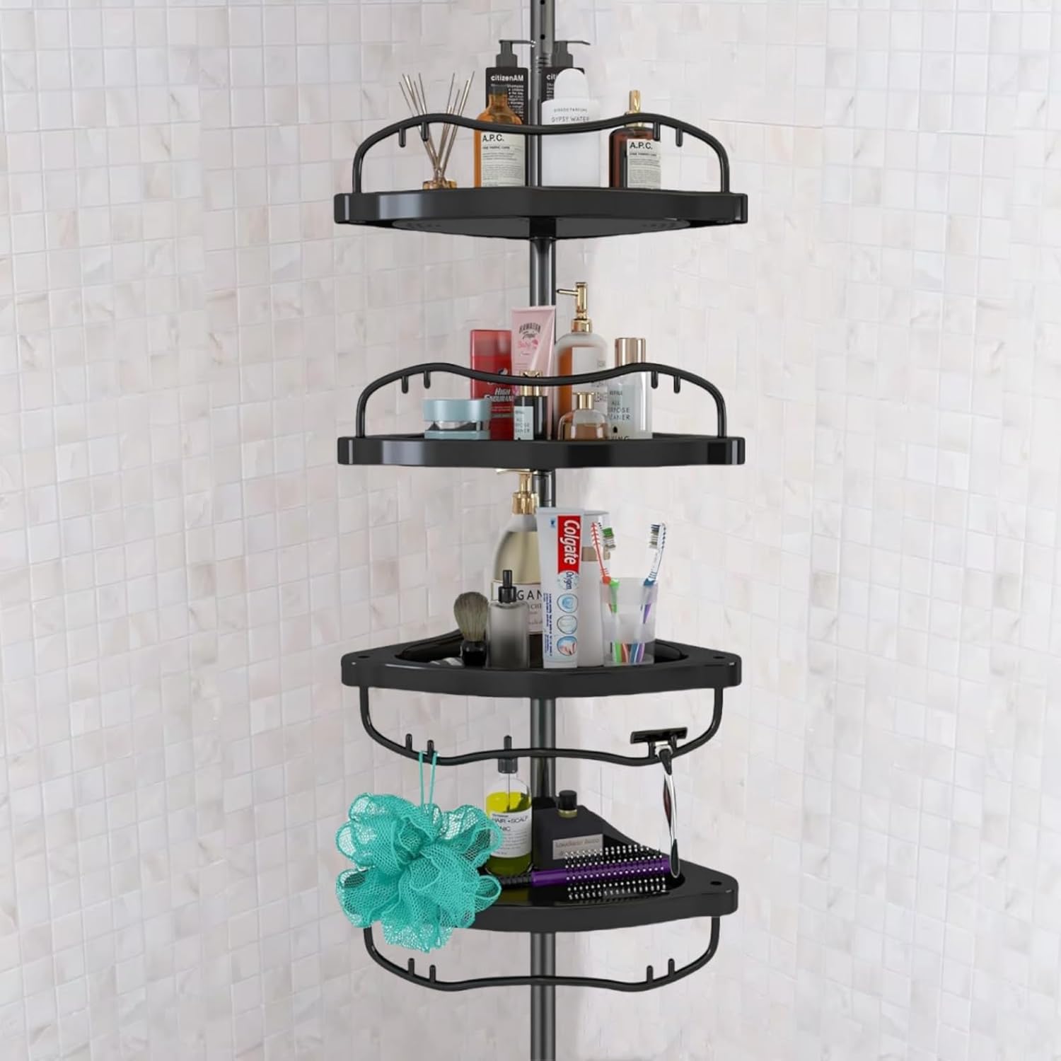 Shower Caddy,Shower Caddy Tension Pole with 4 ABS Baskets,Shower Storage Shelf w...